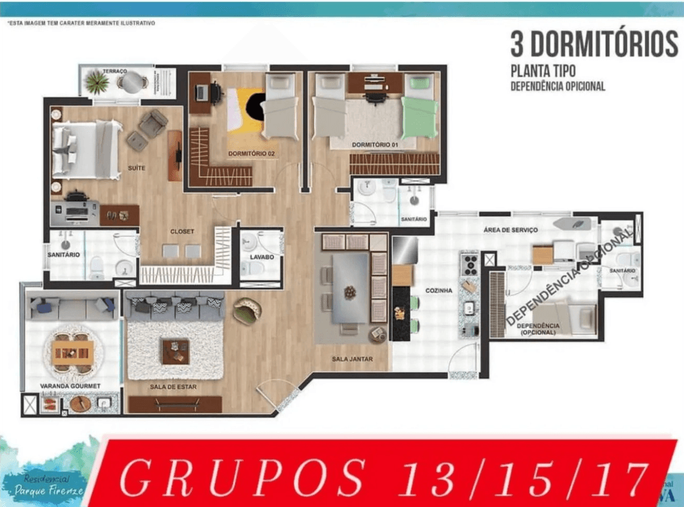 Planta baixa do apartamento de 3 dormitórios, Grupo 13/15/17